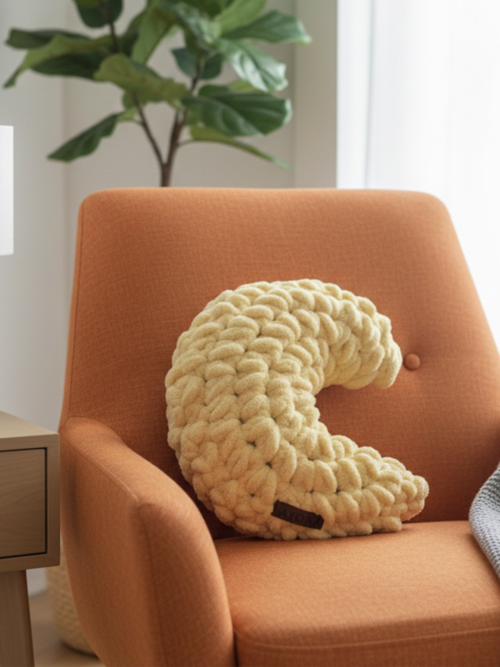 Ayona El Örgüsü Sarı Puffy Ay Yastık - Ultra Yumuşak Hediyelik Dekoratif Yastık 34X25 cm