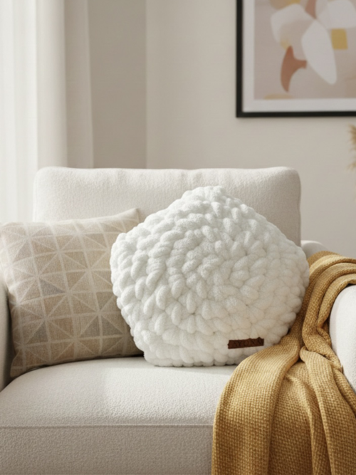 Ayona El Örgüsü Beyaz Puffy Yıldız Yastık - Ultra Yumuşak Hediyelik Dekoratif Yastık 28X28 cm