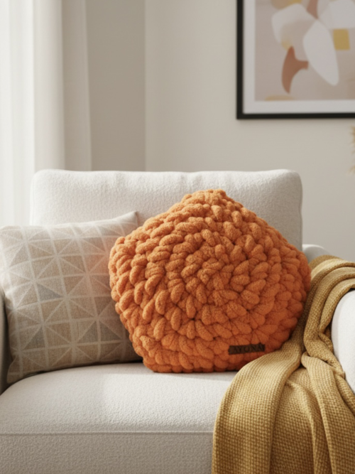Ayona El Örgüsü Turuncu Puffy Yıldız Yastık - Ultra Yumuşak Hediyelik Dekoratif Yastık 28X28 cm