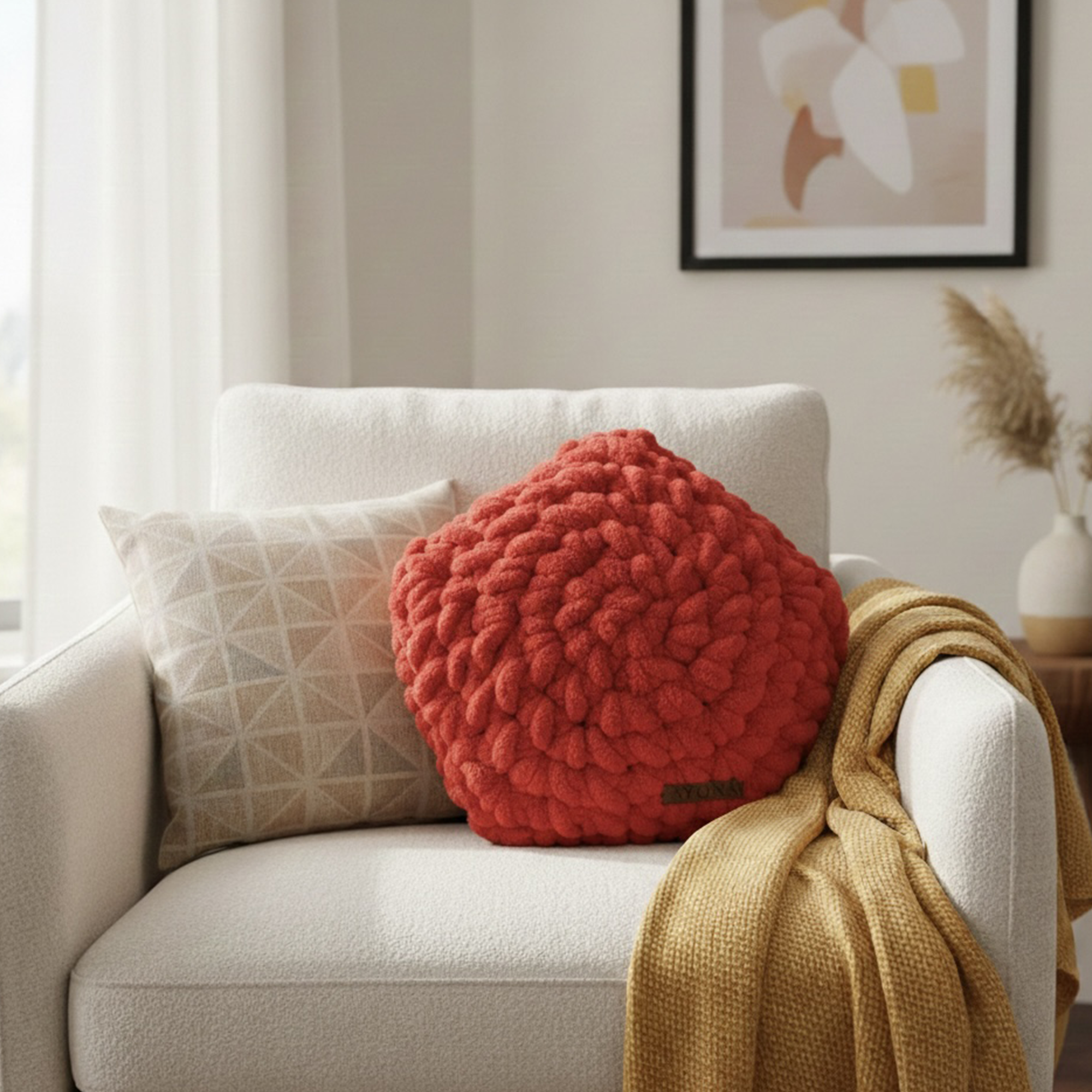 Ayona El Örgüsü Kırmızı Puffy Yıldız Yastık - Ultra Yumuşak Hediyelik Dekoratif Yastık 28X28 cm