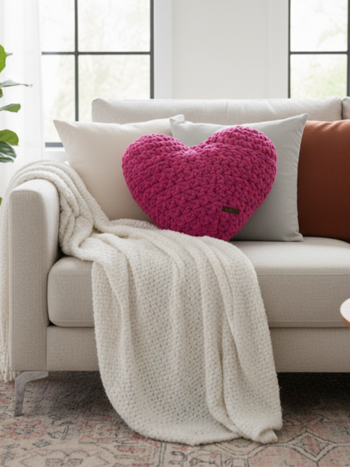 Ayona El Örgüsü Fuşya Puffy Kalp Yastık - Ultra Yumuşak Hediyelik Dekoratif Yastık 44X40 cm