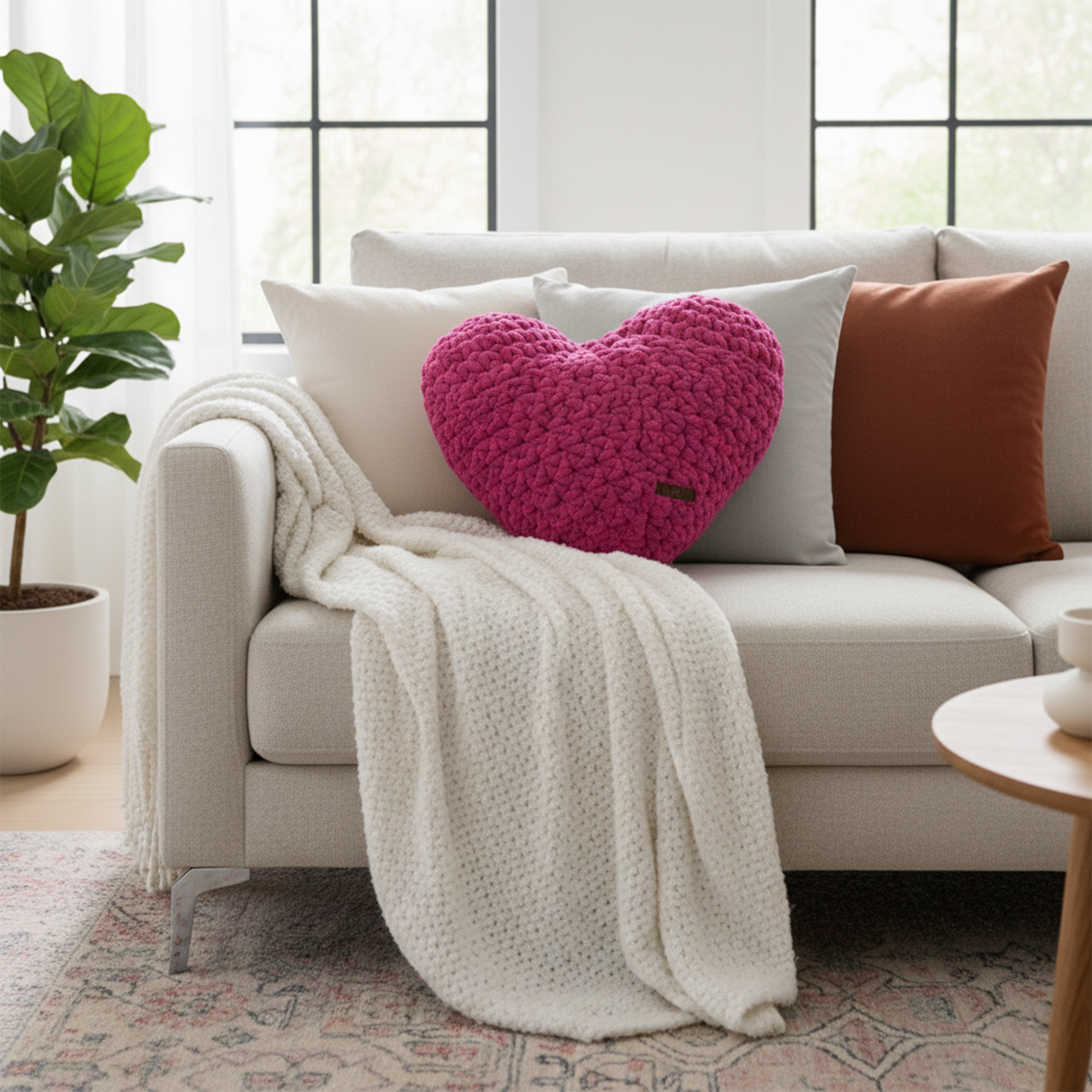 Ayona El Örgüsü Fuşya Puffy Kalp Yastık - Ultra Yumuşak Hediyelik Dekoratif Yastık 44X40 cm