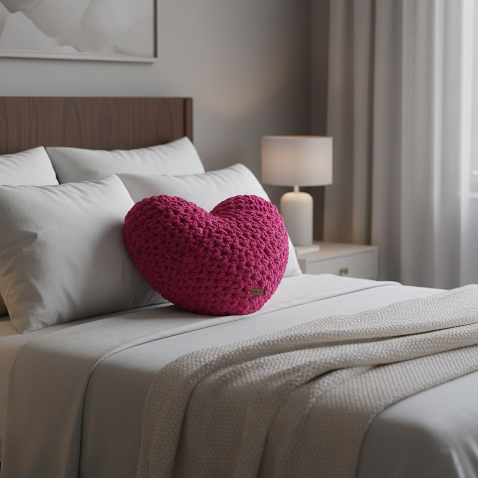 Ayona El Örgüsü Fuşya Puffy Kalp Yastık - Ultra Yumuşak Hediyelik Dekoratif Yastık 44X40 cm - Görsel 3