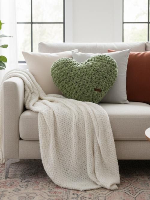 Ayona El Örgüsü Fıstık Yeşili Puffy Kalp Yastık - Ultra Yumuşak Hediyelik Dekoratif Yastık 44X40 cm