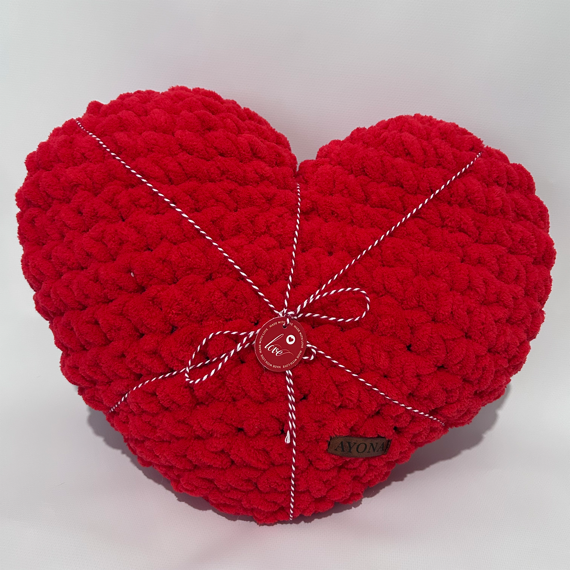 Ayona El Örgüsü Kırmızı Puffy Kalp Yastık - Ultra Yumuşak Hediyelik Dekoratif Yastık 44X40 cm - Görsel 5