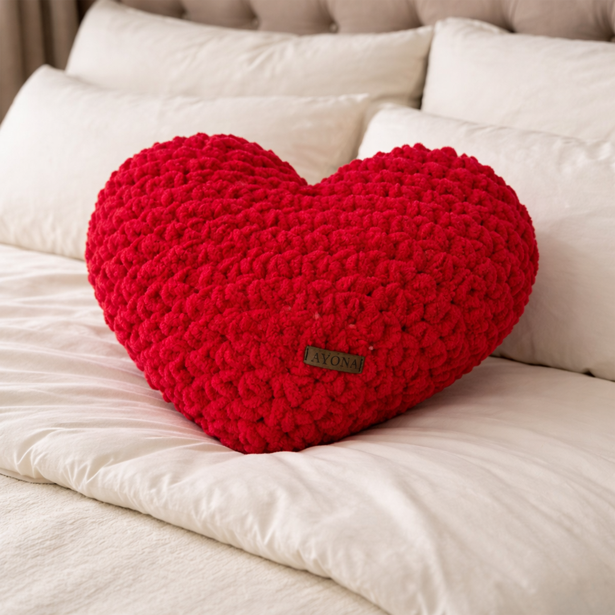 Ayona El Örgüsü Kırmızı Puffy Kalp Yastık - Ultra Yumuşak Hediyelik Dekoratif Yastık 44X40 cm
