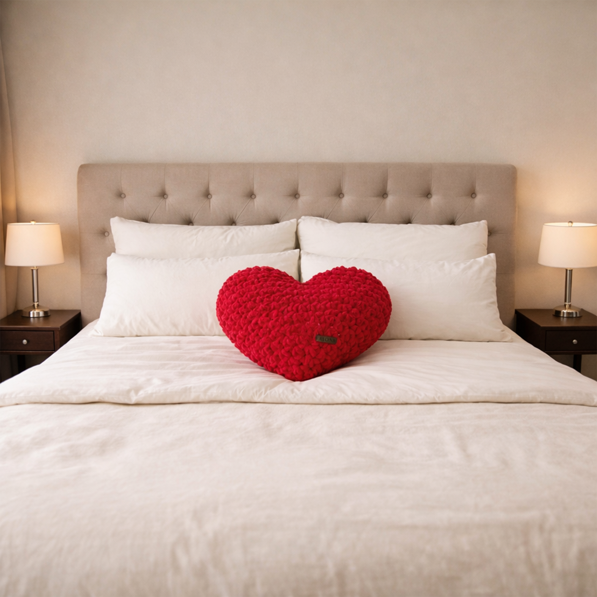 Ayona El Örgüsü Kırmızı Puffy Kalp Yastık - Ultra Yumuşak Hediyelik Dekoratif Yastık 44X40 cm - Görsel 3